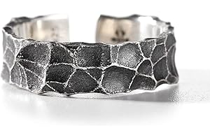 Chereda Hypoallergenic S925 Silver Hammered Design Ring Jewelry for Men Adjustable Opening Personality Retro Black Ring Boy Party Gift
