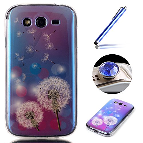 Etche Samsung Galaxy Grand Neo Plus TPU Schutzhülle, Laser Reflect Blue Light Case für Samsung Galaxy Grand Neo Plus, Transparent Frame Silikon Handyhülle für Samsung Galaxy Grand Neo Plus,Premium Slim TPU Gel Soft Back Cover Zurück Schutzhülle Tasche für Samsung Galaxy Grand Neo Plus + 1x Glitzer Staub Stecker + 1x Blau Eingabestift(Löwenzahn Blumen Himmel)
