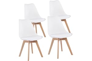 EGGREE 4 Chaises Salle à Manger Scandinaves SGS Tested Lot de 4 Chaises de Cuisine Rétro Rembourrée Chaise de Salle de Bureau, Pieds en Bois de Hêtre Massif, Blanc