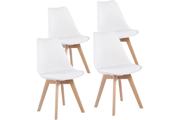 EGGREE 4 Chaises Salle à Manger Scandinaves SGS Tested Lot de 4 Chaises de Cuisine Rétro Rembourrée Chaise de Salle de Bureau, Pieds en Bois de Hêtre Massif, Blanc
