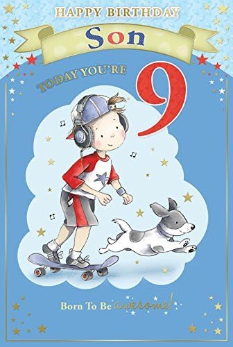 Son's 9th Birthday Card - 9 Today Boy Listening To Music On Skateboard 9" x 6"