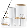 JOTOM 7 Pieces Bamboo Bathroom Accessory Set Luxury Plastic Accessories Qtip Holder Toothbrush Tumbler Toilet Brush Soap Dish Trash Can Dispenser Bath Gift (White) (JQJT1009)