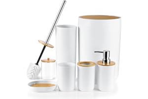 JOTOM Set di 7 accessori da bagno in bambù di lusso, in plastica, set di accessori da bagno Qtip titolare, portaspazzolino, bicchiere, scopino, portasapone, bidone, dispenser di sapone, set da bagno