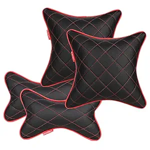 AUTOFIT Double Quilted Universal Car Cushion + Neck Rests (Black and Red) -Combo Set of 4 Pieces