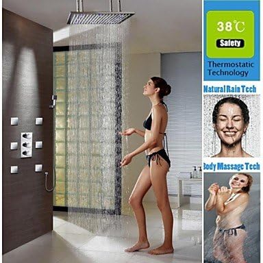 Thermostatic Rainfall Bathroom Shower Faucet, 24 Inch Brushed LED 3 Colors Shower Head And Massage Spray Jets