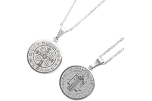 QEQSHQO 2 pcs Collar Católico Sello Acero Inoxidable Colgante Jesús Cruz Amuleto Religioso de la Fuerza Paz Oración Joyería para Hombres Mujeres Medalla de San Benito Cruz de San Benito (Silber)