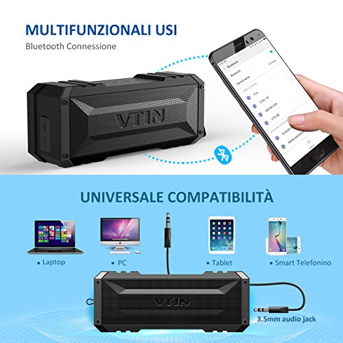 Altoparlante Bluetooth 20W, VTIN Cassa Bluetooth 4.0 Portatile IPX4 Impermeabile, Crashproof, Speaker Senza Fili con Incorporato Microfono e Doppia Cassa, Tempo di Riproduzione di 25 Ore, Raggio di Connessione Bluettoth di 10 Metri, Ingresso Aux-in, per iPhone Smartphone Android e Tablet PC, Nero