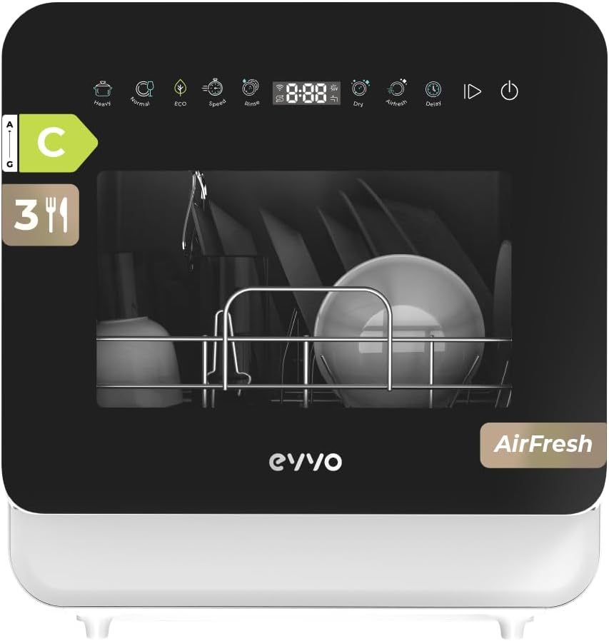 Lavavajillas EVVO Mini D Trip 3 – Lavavajillas Compacto Sobremesa, 3 Servicios, Clase Energética C, 6 Programas, Secado Extra Air Fresh, Panel LED Táctil, Inicio Diferido, Sin Instalación