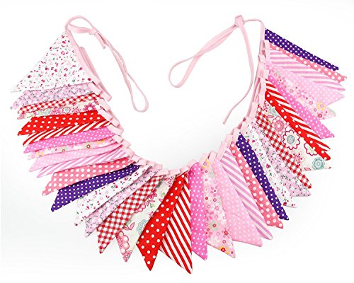 Fabric Bunting, Ndier Pink Flag Banner Vintage Floral Party Decor 32 Feet Double Sided Triangle Pennant Flag Shabby Chic Decoration for Valentine's Day Wedding Birthday Ceremony