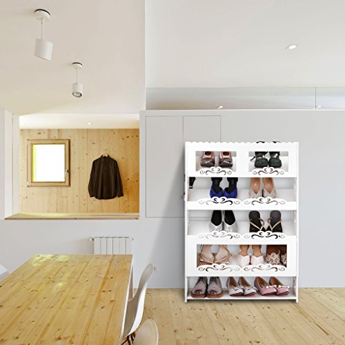Finether Schuhregal Schuhablage Stehregal Standregal Steckregal im Barock Stil für Wohnzimmer zur Aufbewahrung von Schuhe Zeitschriften aus WPC 5 Böden 90 x 64 x 17cm weiß. - 5