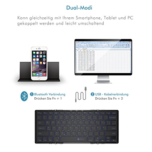 iClever IC-BK05 Ultra Slim Tri-klappbare Bluetooth QWERTZ Tastatur, RGB Beleuchtet, Mini Wireless / Verkabelt Keyboard Deutsch-Layout für iOS, Windows, Android Smartphone und PC Tablet - 4
