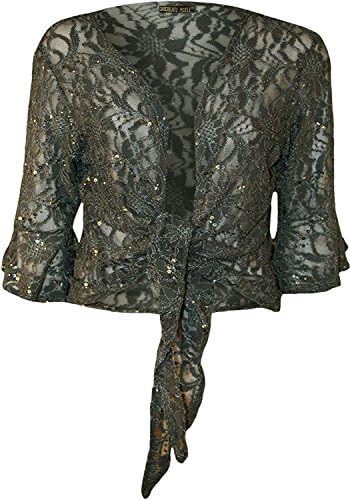 Chocolate Pickle ® NEW LADIES PLUS SIZE TIE UP 3/4 FLARED SLEEVE SHRUG LACE SEQUIN BOLERO TOP 12-26 (12, Grey-Tie Up)