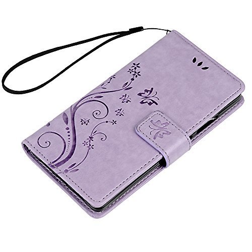Funda Huawei P8 Lite  Versi  n 2015   Carcasa Libro PU Premium Leather Cuero impresi  n - Mavis s Diary Flip Case Cover Con TPU Goma Flexible Cierre Magn  tico Funci  n de Soporte Billetera con Tapa - Dise  o de Mariposa y flor P  rpura claro