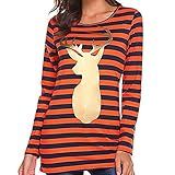 TianWlio Weihnachten Pullover Langarmshirt Bluse Hoodie Frauen Herbst Winter Mode Gestreiftes Top Weihnachten Hirsch Drucken Langarm Bluse (XL, Orange)