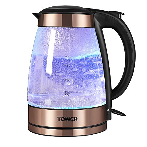 Set of 2 TOWER ROSE GOLD & BLACK Kitchen Electrical Appliance Retro Stylish Set -Bottega 4 Slice Toaster and 1.7 Litre Illuminated Glass Kettle