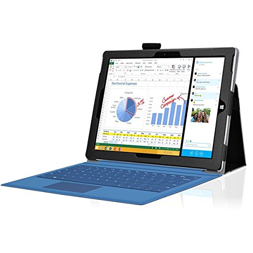 Tasche für Microsoft Surface Pro 3 mit praktischer Stand Funktion aus robustem Kunstleder und zusätzlicher Display-Schutz-Glas Panzerglas kombiniert Schutz und Design für Ihr Microsoft Surface Pro 3 Hülle Cover Case Schwarz von UC Express® - 2