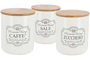 Kasahome Set 3 Barattoli Cucina Porta Sale Zucchero Caffè - Contenitori in Ceramica con Tappo in Legno - Barattolo Cibo Spezie 10x12 cm