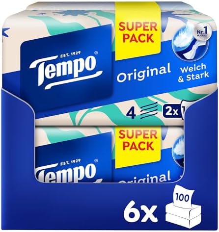 Tempo Fazzoletti originali Duo-Box – Confezione risparmio – 12 scatole, 100 panni per scatola – extra forti e morbidi fazzoletti di carta, lavabili in lavatrice