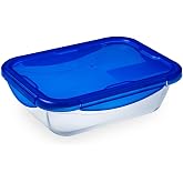 PYREX Cook&amp;Go Airtight Glass Container, 3.3 Litre | Blue, rectangular format, lid with 4 locks, microwave, oven and freezer s