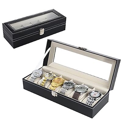 Zogin Coffret/Présentoir/Boîte/Boîtier à Montre Bijoux Coffret de rangement pour Montres avec serrure Imitation cuir noir (6 emplacements)