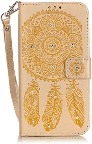 JGNTJLS iPhone 6/6S Embossing Crystal Pure-Colorful Leather Case[Free Tempered Glass Screen Protector], With Hand Wrist Strap, Embossing-Stripes, Shining-Crystal Stick-up, Pure-Colorful Design, Flip PU Leather Wallet Card Slot Stand Case Cover For Apple iPhone 6/6S 4.7" Inch (Golden,Campanula,Flower)