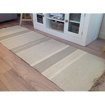 Coton Naturel Et Jute Gris Blanc Multi à Rayures Tapis De Couloir 70 Cm X 200 Cm