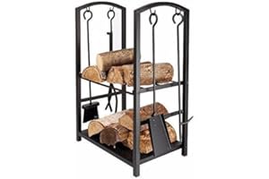 Homezone® Firewood Log Rack - Stylish Alloy Steel Weather Resistant Metal Log Storage - Fireplace Wood Stacking Holder for Indoor Outdoor Use - Sturdy Metal Wood Storage Stand with Tools Accessories