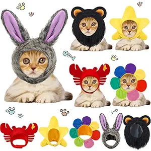 5 Pieces Cute Pet Hat Halloween Cat Costume Bunny Rabbit Hat with Ears Pet Headwear Black Lion Mane Flower Star Crab Cap Halloween Party Accessory for Kitten Puppy Dress up Adjustable Cat Birthday Hat