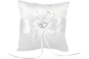 FTORY Wedding Ring Cushion 4 Colours Wedding Ring Holder Cushion with Bowknot Fleck Double Hearts Diamonds (White)