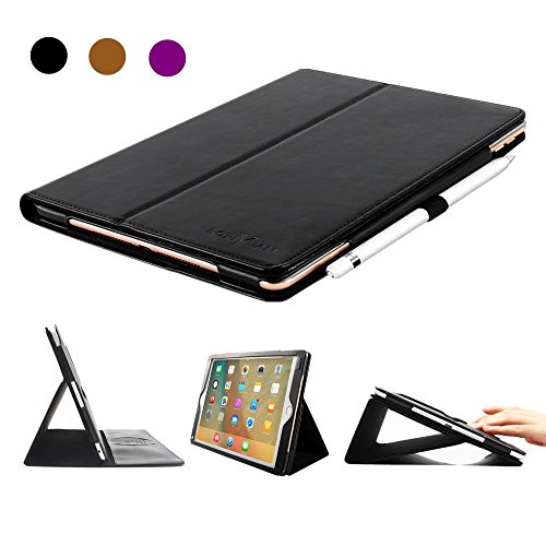 Boriyuan Ipad Pro 9.7 Hülle Echt Leder Case Smart Cover Schutztasche aus echtem Leder für das Apple iPad Pro 9.7 Zoll mit Standfunktion, Auto Sleep Wake up , Apple Pen Halter und Fach für Kreditkarten (Farbe: Schwarz)