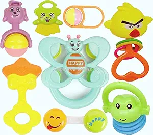 Supreme Deals Non Toxic Plastic Colourful Lovely Attractive Baby Rattle & Teether Toys Set of 8 Pcs for Babies, Toddlers, Infants & Children (Multicolour, 7 Rattles & 1 Teether)