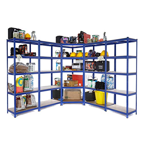 Kit d'étagères d'angle pour garage très résistantes, 1 unité d'angle 1800 mm x 900 mm x 450 mm et 4 étagères 1800 mm H x 900 mm l x 450 mm P Grande capacité de stockage de 275 kg.