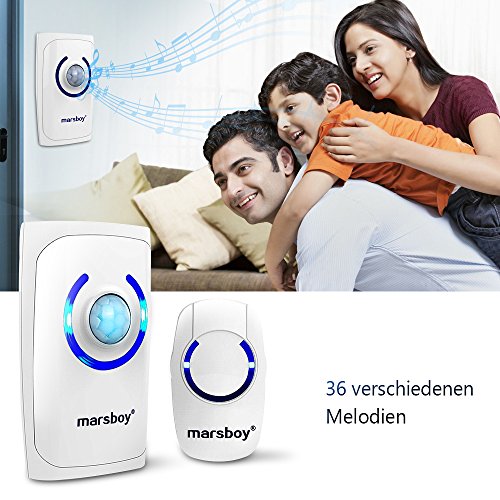 Funkklingel 2 Empfänger 1 Sender, Marsboy 4-in-1 Multi-Funktion Tragbare Wassergeschützte Funk Türklingel Kit,mit Anti-Diebstahl-Alarmanlage,Bewegungsmelder, Notfallblinklicht (Weiß) - 4