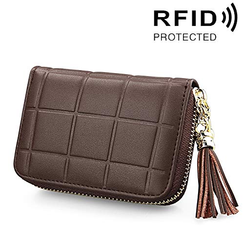 Preisvergleich Produktbild Songlin@yuan Echtes Leder Grid Textur Kartenhalter Reißverschluss Geldbörse RFID Blocking Schützen Fall Karte Tasche Geldbörse mit 15 Kartensteckplätze für Frauen & Quaste Anhänger, Größe: 11 * 8 * 2