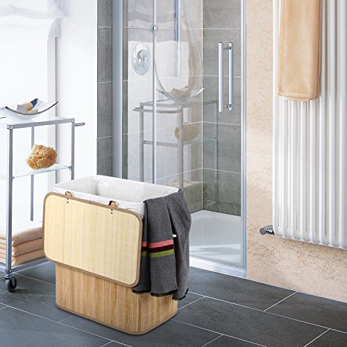 Homitex 100L Groß Bambus Faltbar Wäschekorb H x B x T: ca. 60 x 54 x 33 cm Wäschebox Wäschesammlermit fest fixiertem Wäschesack und Deckel (Natur) - 6