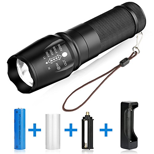 BAKTH Super Helle CREE XML T6 LED Taschenlampe, Einstellbarem Fokus, Wasserdicht Zoombar Taschenlampen, Mit Ladegerät und Akku