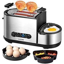 Aicok Grille Pain, 4 en 1 Multifonction Grille Pains Inox avec Mini Poêle à Frire, Cuiseur à œufs, Cuiseur Vapeurs, 2 Fentes Extra-Larges, 7 Niveaux de Brunissage, Sans BPA, 1250W, Argent