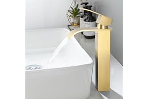 ONECE Robinet Vasque à Poser Cascade, Mitigeur Doré pour Vasque, Robinet Salle de Bains Doré en Acier Inoxydable, Robinettrie de Lavabo Haut, Cartouche Céramique