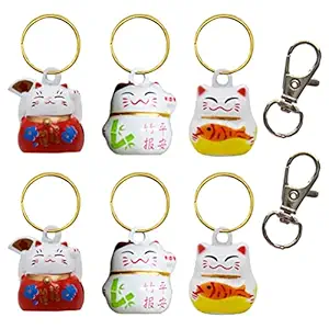 6 Pack Lucky Cat Collar Bells Loud Dog Collar Bells for Potty Training Necklace Pendant with Free Clips Key Rings White Red and Yellow