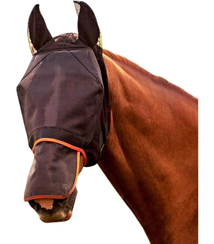 Masque Anti-mouches Midi Pour Cheval – Sans Oreilles – Taille Moyenne – Gris/jaune – Protection UV 70 % – Rembourrage Doux – Fermetures Réglables
