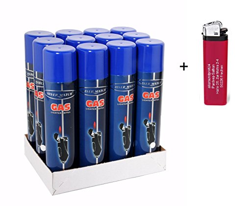 12x 300ml Universal -near zero impurities- Feuerzeuggas Nachfüllgas Feuerzeug (4,99 € p. 1 Liter) + 1 Feuerzeug "allaroundprofi24"