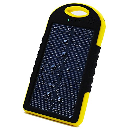 SHOP-STORY - Chargeur Solaire Universel avec Lampe LED - Power Bank Portable Imperméable et Antichoc - Batterie Externe de 5000mAh avec Double Ports USB - Jaune