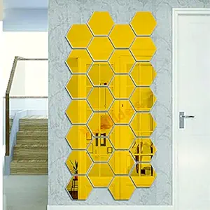 Wall1ders - 28 Hexagon & 10 Butterflies Acrylic 3D Hexagon Mirror Wall Stickers for Wall Large Size (Each Hexagon Size 10.5 cm x 12.1 cm, Golden )