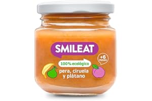 Smileat - Tarrito de Frutas Ecológicas con Pera, Ciruela y Plátano para peques +6 Meses - Sin Azúcar Añadido, Sin Sal, Sin Leche, Sin Huevos - 130g