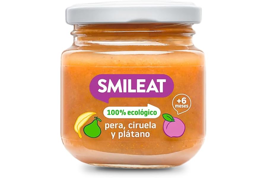 Smileat - Tarrito de Frutas Ecológicas con Pera, Ciruela y Plátano para peques +6 Meses - Sin Azúcar Añadido, Sin Sal, Sin Le
