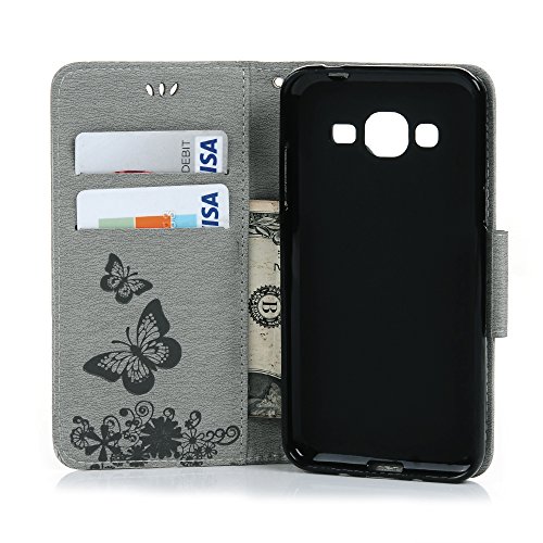 YOKIRIN Wallet Case für Samsung Galaxy J3 /J3 (2016) Schmetterling Blumen Muster PU Ledercase Cover Flipcase Handyhülle Folio Schutzhülle Protective Schale Flip Cover mit Standfunktion Kredit Kartenfächer in Gray - 7
