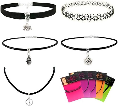 Esoteric Chokers - Charm Choker Necklace Starter Set - 2x Black Leather choker 1x Flat velvet choker 1x Tattoo Choker &amp; 1x Charm Choker Necklace - Adjustable and Comfortable (Choker Set 1)