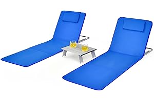 TANGZON 3 Pieces Folding Beach Chair Mats and Table Set, Outdoor Set of 2 Sun Lounger Seats with Headrest and Adjustable Backrest, Lightweight Chaise Lounge Set for Patio, Garden and Poolside (Navy)