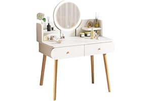 ‎LYOVEU Lyoveu Schminktisch Mit Led Beleuchtung Und Dressing Table with Lampe，Schminktisch Mit Vielen Schubladen Und Vanity Table Mit Spiege Modern Schminktisch Hocker Weiß Makeup Desk (A)