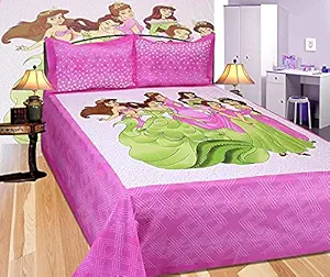 Girishas Trend 100% Cotton Rajasthani Jaipuri Traditional Barbi Boll Printed Cartoon King Size Bedsheet with Two Pillow Covers, Bedsheet for Kids, Soft Designer Double Bed Bedsheet (Pink)